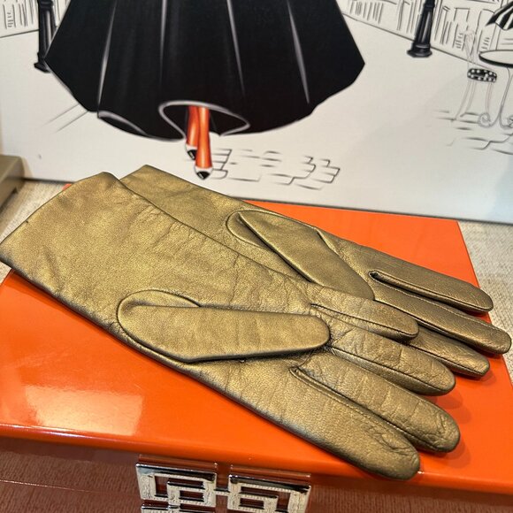 Stylish Long Gold Metallic Italian Leather & Cashmere Lined Gloves Size 7 - Picture 4 of 5